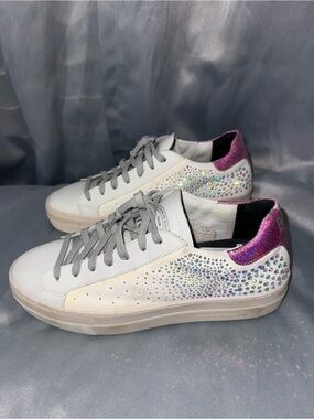 P448 White Sneakers with Iridescent Crystal Accents and Pink Heel